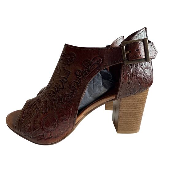 Roper Mika Mule Heels Floral Tooled Tan Leather Women's 8 Open Toe Buckle Close - Picture 5 of 12
